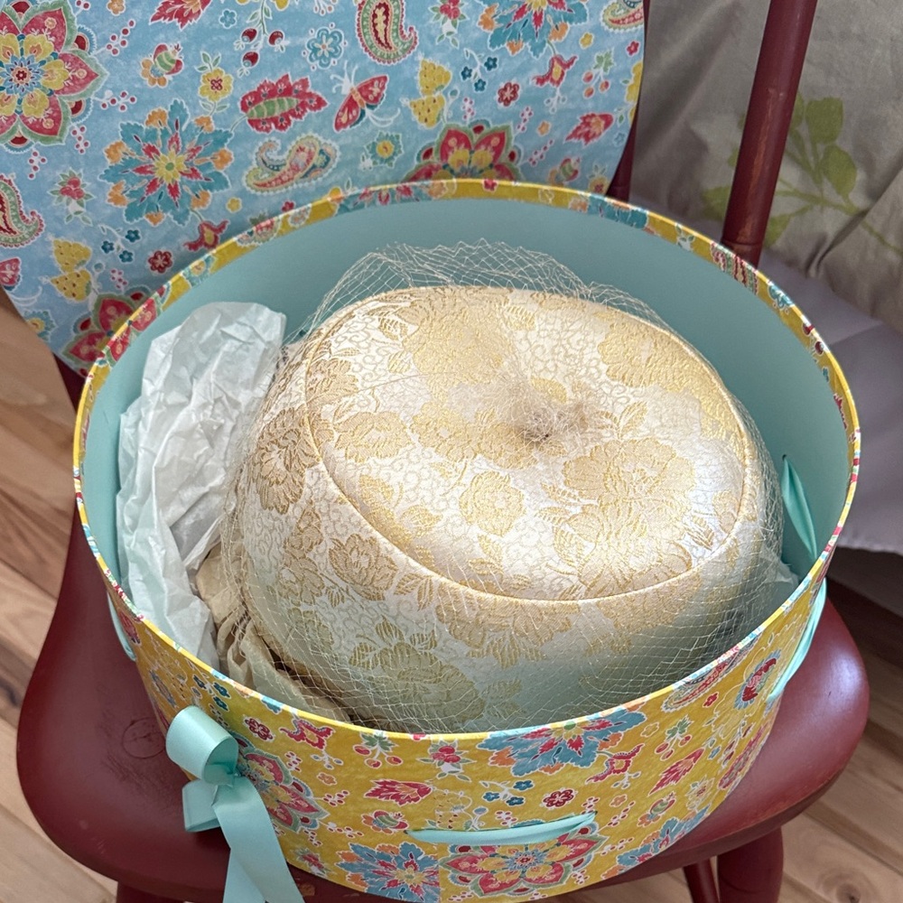 Vintage Gold Brocade Pillbox Hat with Veil